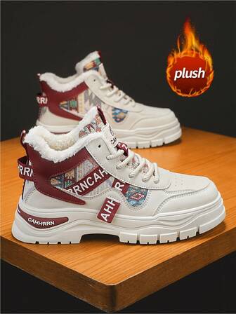 Herrsnökängor med termofoder, moderiktiga stövlar med tjock sula, snörning till halva vaden, nödvändiga för vintern, lämpliga för campus, tonåringar, studenter, varma läderpatchwork i kontrastfärg, fritidsskor