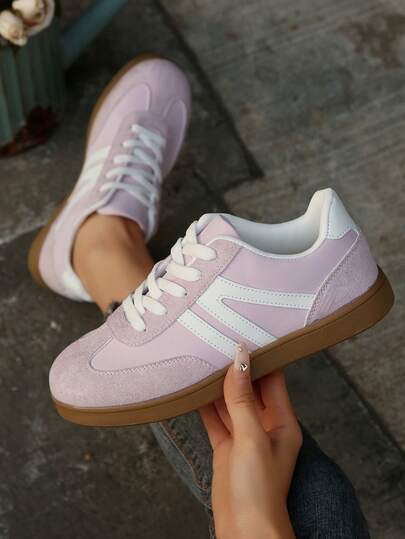 Fashionable New Patchwork Casual Sports Shoes, Geometric Striped Pink Women's Shoes, Comfortable Anti-Slip Skate Shoes, Outdoor Daily Wear