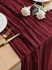 Taplak Meja Kain Kasa Merah Marun, Taplak Meja Lipit Merah Sempurna, Taplak Meja Lipit Merah Polos, Taplak Meja Chiffon Merah Marun, Taplak Meja Kain Kasa Tipis Gaya Boho untuk Pesta Pernikahan, Ulang Tahun, dan Jamuan Makan. - Merah - View 4
