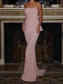 1pc Elegant Solid Color Formal Backless High Slit Maxi Dress, Suitable For Party, Wedding, Spring/Summer Pink - Pink - View 5