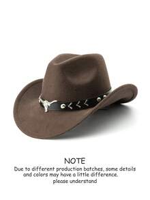 1顶男士涤纶西部牛仔帽，复古风格，男女皆宜，饰有公牛图案，适合休闲穿着、西部牛仔派对、酒吧等场合。