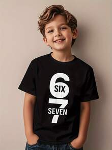 1pc Camiseta para Niños y Niñas de 6º y 7º Grado - Estampado Número 6 y 7, Cuello Redondo , Tejido de Punto Suave y Elástico, Ropa Casual para Todas las Estaciones, Atuendo para Fiestas Infantiles (Edad 6 y 7) - Negro - Ver 1