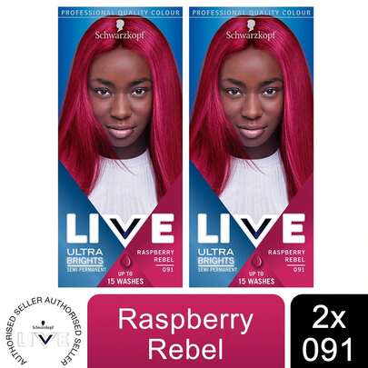  Schwarzkopf LIVE 2in1 Ultra Brights 091 Raspberry Rebel Hair Dye, Semi-Permanent Vibrant Pink Hair Colour With Conditioning Formula, Bold Long Lasting Results, 2 Pack