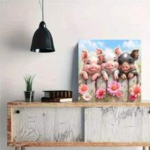 5D DIY Diamond Painting Kit With Special Shaped Crystals And Glitter, Featuring Cute Pig Pattern On Fenced Canvas Wall Decor, Great Holiday Gift, New Diamond Painting Set - Multicolor - View 4