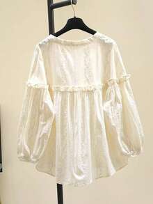 女士荷叶边单排扣宽松休闲灯笼袖衬衫 - 杏色 - 查看 2