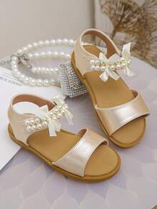 Kids' Pearl & Bow Satin Sandals: Elegant Flat Open-Toe Shoes For Wedding Parties & Daily Wear" - Gold - View 11