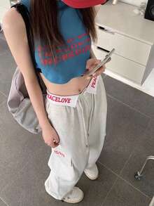 Women's High Waist Letter Embroidery Hiphop Loose Casual Wide Leg Sweatpants, American Street Style, Autumn/Winter