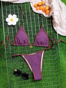 wohenmeili Set Bikini Halter Motif Kotak-kotak untuk Liburan Musim Panas Wanita di Pantai - Kotak-kotak coklat dan biru - View 5