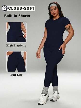 FWH Comfortable All-Day Set, Includes Waist Cincher, Versatile Outfit, #Sports & Casual Essential #Comfortable & Stylish #Perfect Match, Loungewear Set, High-Waist Yoga Pants Set, Plus Size Activewear, Compression Leggings Set, Crew Neck T-Shirt And High-Waist Yoga Leggings (Plus Size), Stretchy Casual 2 Pieces Loungewear