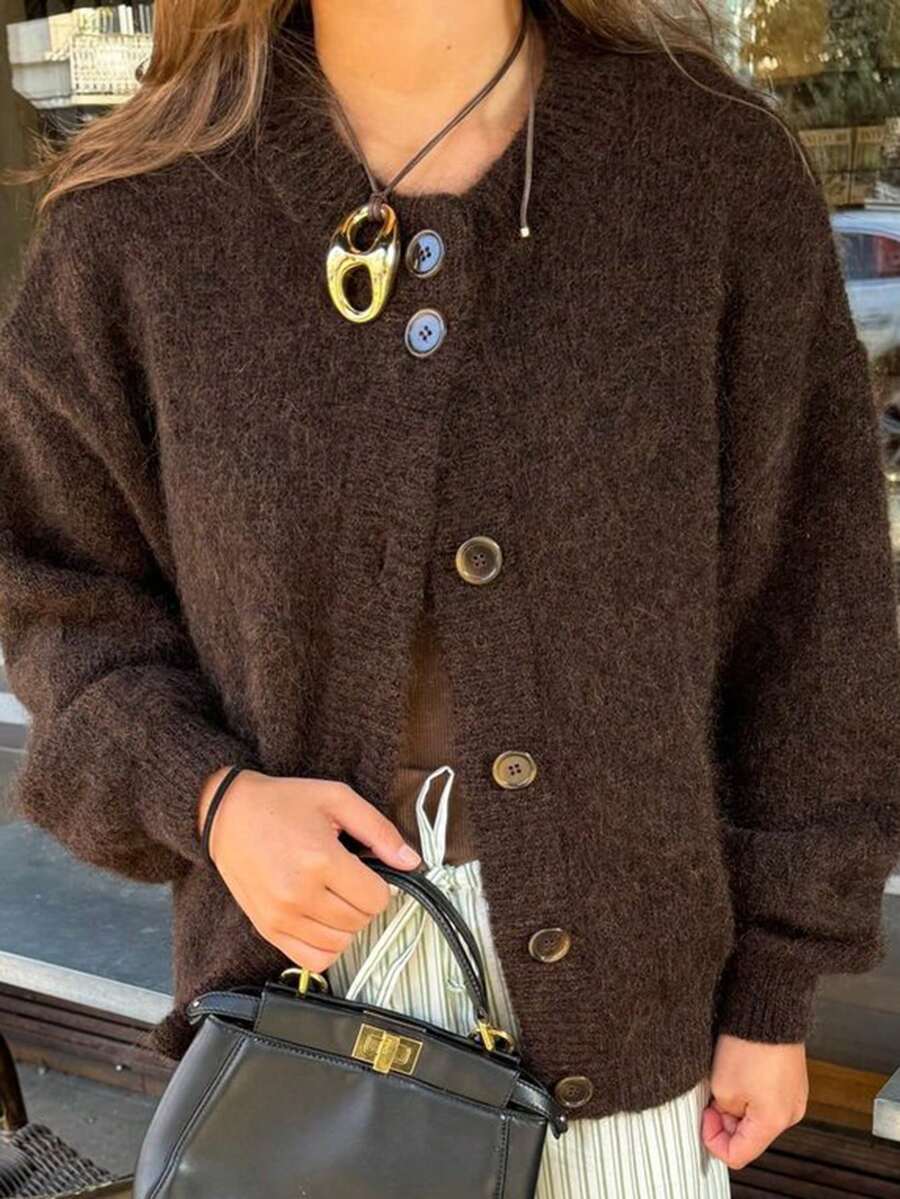 Just Masa Women's Winter Sweater, Brown, Casual & Elegant, Loose Fit Round Neck Long Sleeve Button-Up Cardigan Sweater - Coffee Brown - View 1