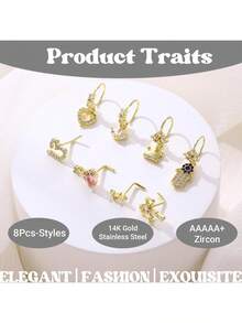 14K Gold Nose Rings Nose Studs - L Shaped Stars/Love/Bow/Crown/Heart Dangling Nose Rings Studs CZ Stud Ring Pendant Piercing Jewelry Gift For Women Men