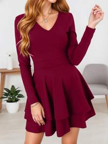 V-Neck Long Sleeve Waist Cinched Double-Layer Cake Dress, Women's Valentine's Day Outfit, Women's Vacation Dress - Burgundy - View 5
