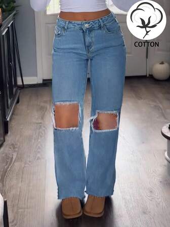 Jeans rectos de cintura media con bolsillos, estilo casual y roto, de moda para mujeres estadounidenses