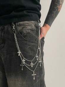 1pc Fashion Punk Cross Waist Chain, Men's Personalized Charm Multi-Layer Metal Chain Body Chain, For Pants Decoration, Holiday Gift - Silver - View 1