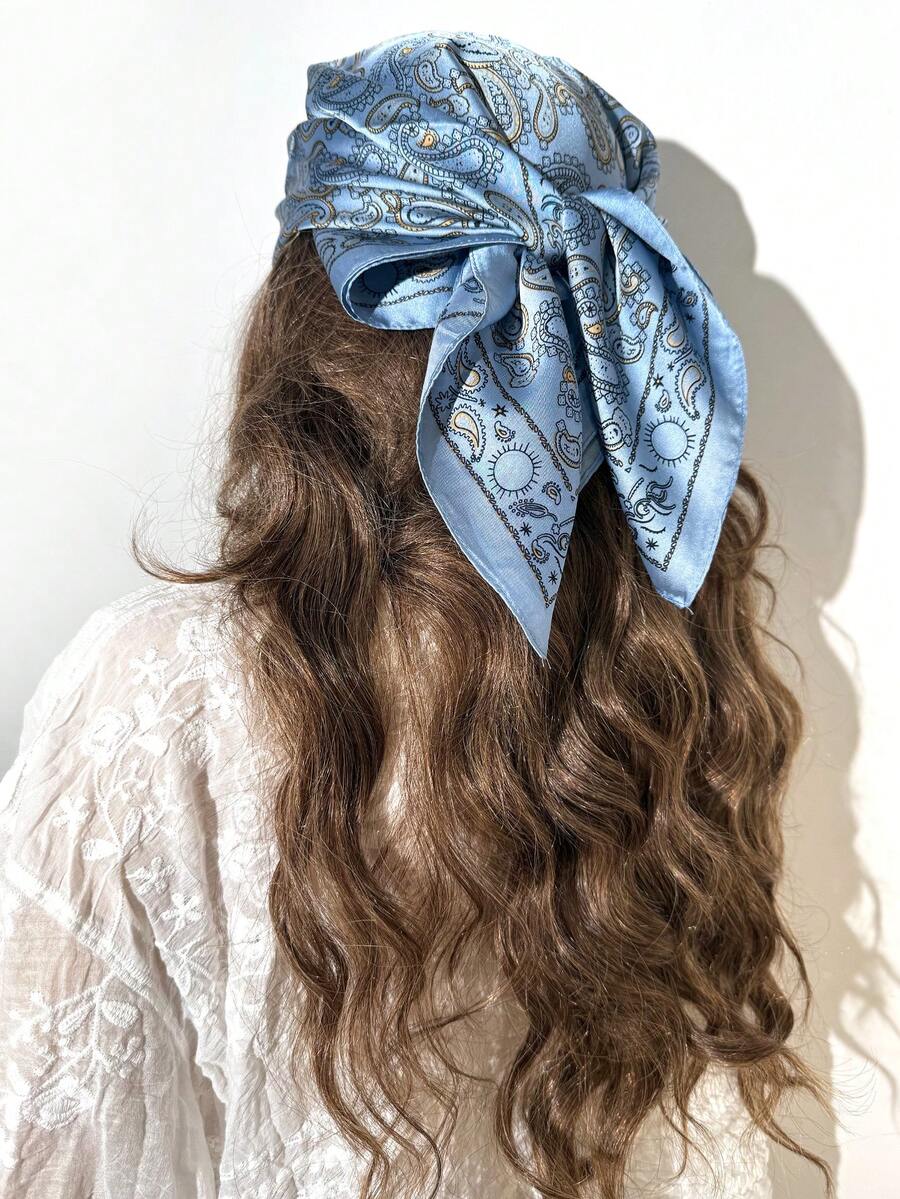 1条女士蓝色佩斯利花纹丝巾，时尚头巾，多功能真丝围巾，腰带，音乐节围巾 - 藏蓝色 - 查看 1