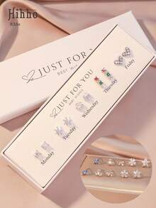 Hihho 10pcs/Set (Exquisite White Gift Box) Sparkling Cubic Zirconia Inlaid Butterfly, Heart, Starburst, 5-Petal Flower, Four-Leaf Clover Design Earring Set, Weekly Earrings, Charming Stud Earrings, Best Gift For Elegant Girls - Multicolor - View 1