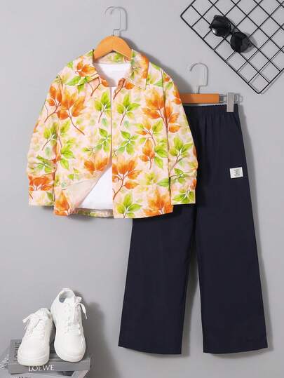 Bộ 2 món thời trang vintage in họa tiết lá cây cho bé trai, áo dài tay và quần ống rộng, thích hợp cho mùa xuân hè thu, thoải mái và đa năng.