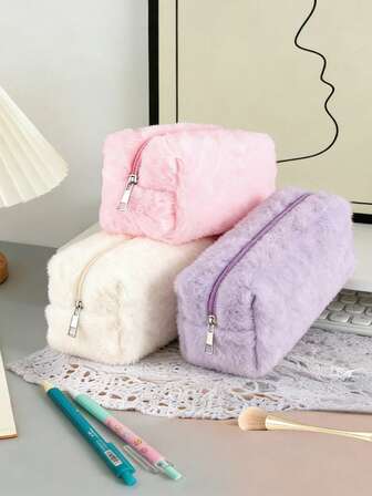 1 Plush Solid Color Cosmetic Bag, Large Capacity Organizer, Portable Travel Storage Bag, Soft And Fluffy Multifunctional Storage Bag, Can Be Used For Back To School Stationery Pencil Cases, Cosmetics And Skincare Product Storage, Valentine's Day Gifts, Reusable School Travel Daily Necessities.