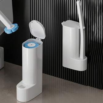 Cepillo de baño desechable con soporte - 6/18 recambios, limpiador de baño de plástico duradero montado en la pared, suministros de limpieza profunda higiénicos para inodoros estándar y ergonómicos, accesorios para inodoro, diseño moderno, material fácil de limpiar