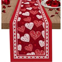1pc Valentine's Day Red & White Plaid Table Runner, Linen Material With Red Heart Pattern, Suitable For Anniversary, Home Kitchen, Dining Room And Holiday Table Decor - Red - View 9