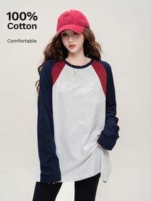 JUTU 春秋新款三色拼接时尚T恤，女士休闲舒适纯棉长袖上衣，户外服饰 - 058白花灰 - 查看 3