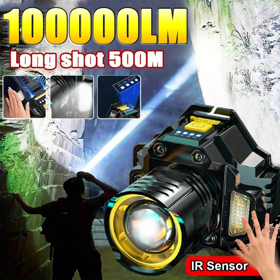 Potente lampada frontale a LED con sensore di movimento, luce frontale ricaricabile 18650 COB, lampada frontale ad alta potenza, adatta per la pesca