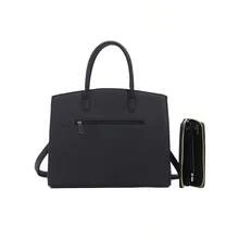 ZENG Classic Large Women's PU Leather Tote Handbag With Matching Zip Wallet, Elegant Structured Purse With Lock Top Handles & Detachable Shoulder Strap For Work, Office, Travel, And Everyday Use - 黑色 - 查看 5