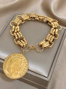 1件18K镀金不锈钢奢华复古拿破仑硬币粗链手链，女士适用，妈妈礼物，圣诞节嘉年华冬季珠宝，婚礼狂欢/舞会/派对/日常配饰，周年纪念日情人节波西米亚风珠宝生日伴娘礼物 - 彩色 - 查看 1
