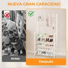 Zapatera con perchero 3 en 1, estante organizador para entrada y dormitorio, repisa superior y varios niveles para calzado, mueble multifuncional para ropa, bolsos y gorras, diseño compacto para ahorro de espacio - Blanco - Ver 6