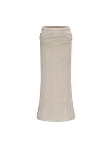 Elegant Party Dress & Casual Wear | Cream Fuzzy Knit Maxi Skirt | Low-Waist Design, Showcases Graceful Elegance | Perfect For Christmas Events And Beach Vacations | Must-Have For New Year, Suitable From Office To Evening - Khaki - View 3