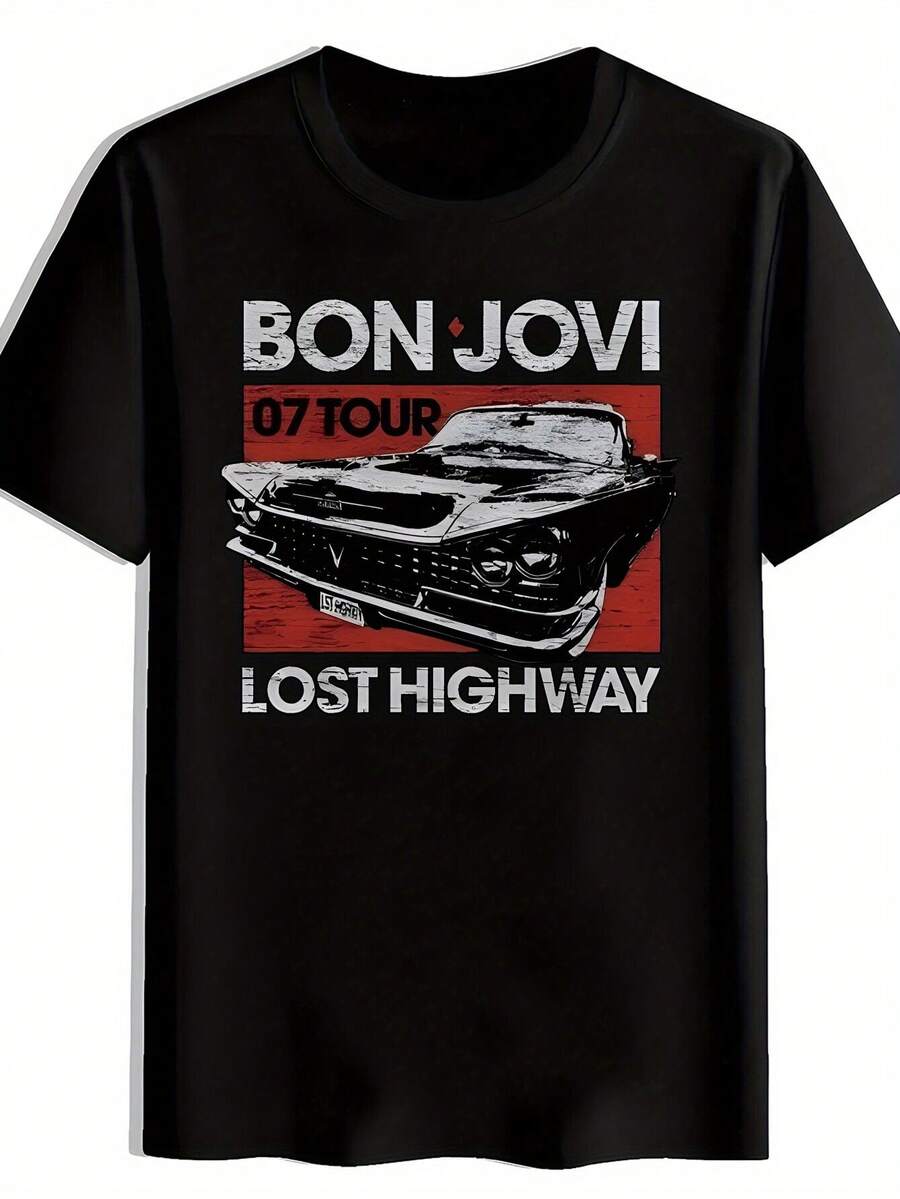 Camiseta gráfica vintage de banda de rock para hombres - 100% poliéster, camiseta ligera de verano con estampado de letras retro. Camisa Casual de Corte Regular para Conciertos. Playa; Festivales de Música - Negro - Ver 1