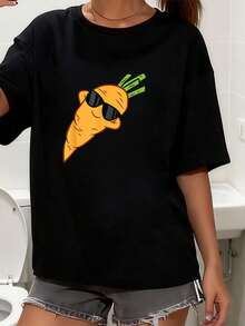 Cute Carrot T-Shirt, Relaxing And Lazy Carrot T-Shirt, Women's Outdoor Exercise T-Shirt, Graphic Tees, Crop Tops, Sets, Tops, 7HDU T-Shirt - 黑色 - 查看 1