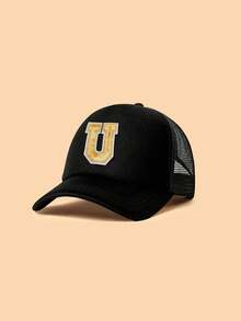 Mũ lưỡi trai trẻ em màu đen, in 26 chữ cái theo yêu cầu, họa tiết chữ bằng vải đính kim sa vàng, kiểu dáng thời trang, tinh tế, đa năng, nhẹ, thoáng khí với thiết kế đục lỗ, thích hợp làm quà tặng sinh nhật, ngày lễ, phù hợp cho bé trai và bé gái sử dụng hàng ngày ngoài trời, đi học, giải trí vào mùa xuân hè. - màu đen - Xem 26