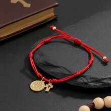 1pc Bohemian Style Copper Bead Bracelet, Cross Bracelet, Hollow Cross Bracelet, Golden Bead Bracelet, Adjustable Red Woven Bracelet, Lucky Bracelet, Stackable Bracelet, Couple Bracelet, Friend Gift, Birthday Gift, Sister Bracelet, Family Gift, Valentine's Day Gift, Christmas Gift, Christian Gift, Baptism Gift