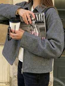 女士时尚简约百搭通勤拉链羊毛大衣上衣 - 灰色 - 查看 7