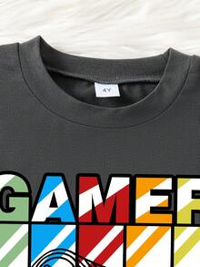 适合年轻女孩的电子游戏图案印花短袖T恤和短裤套装 - 深灰色 - 查看 3