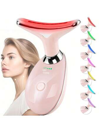 1個 パルス式ネック・フェイス美容器 しわ取り ツール - 熱リジュベネーション 装置、滑らかで引き締まった肌 - ダブルチン リデューサー スリマー振動マッサージ 7色モード付き しわの外観除去とスキンタイトニング リフティングマッサージャー