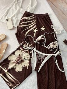 2pcs/Set Women's Summer Beach Bikini Set, Elegant Halter Neck Bikini Set, Floral Print With Contrast Trim Swimsuit, Mesh Beach Pants, Create Casual Beach Style - Brown - View 5