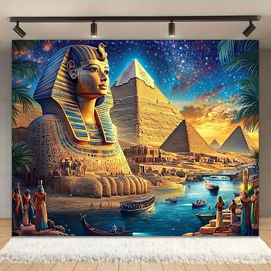 2D flache 1 Stück alte ägyptische Fotografie Kulisse - faltbar, strapazierfähiger Polyesterstoff mit lebendigen Pyramiden, Sphinxen und Sternenhimmel Design - leicht und maschinenwaschbar/handwaschbar, ideal für Partydekorationen, Eventfotografie, thematische Feiern und Sternenhimmel-Kulissen. Faltbares Design.