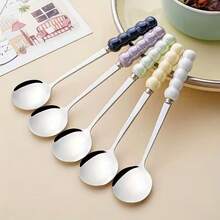1pc Stainless Steel Pearl Handle Dessert Spoon, Round Head Coffee Spoon, Suitable For Home, Restaurant, Western-Style Dining - Multicolor - View 7