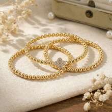 3pcs/Set Fashion Casual Copper Bead Bracelet, Clover Bracelet, Random Bead Sequence, Elastic Bracelet, Copper Bead Elastic Bracelet, Stackable Elastic Bracelet, 18K Gold Plated Copper Bead Bracelet, Waterproof And Fade-Resistant, Suitable For Sisters, Couples, Friends, Birthday, Christmas, Anniversary Gifts - Multicolor - View 5