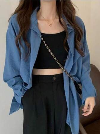 女士休闲长袖纯色衬衫，涤纶菱形图案口袋上衣，适合日常、度假、居家、办公等各种场合，四季皆宜。