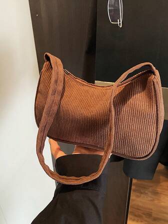 1pc Solid Color Corduroy Material Zipper Closure Fashionable Shoulder Handbag