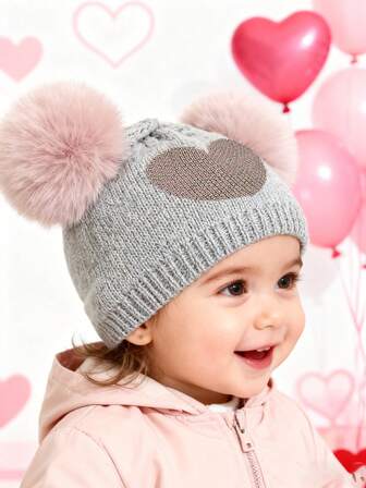 1PC Infants Baby Knit Beanie Hat Knit Fabric & Soft Lining Cute Double Pom Pom Glitter Heart Pattern Stretch Cuff Warm Cozy Baby Winter Headwear 0-2 Years Old Daily Wear Outdoor Use Skin Friendly Hypoallergenic One Size Fit Most