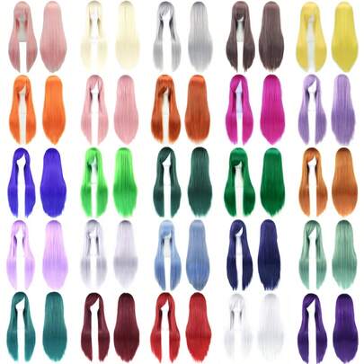 FULCRUM 24 Inch Pink, Blue, Green, Black Anime Cosplay Long Straight Wig, Heat Resistant Synthetic Fiber For Halloween, Christmas, Party
