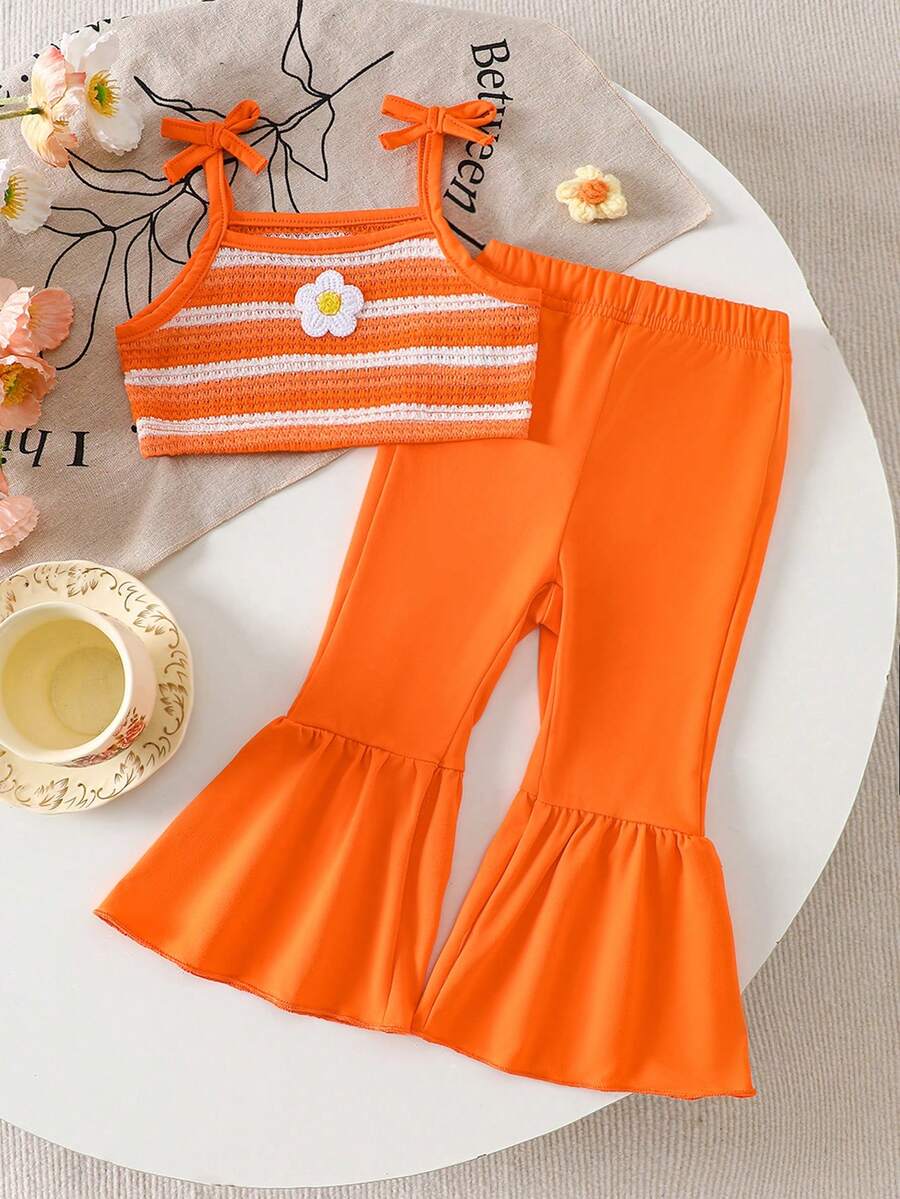 Baby Girl Tie Shoulder Camisole And Flare Pants Set, Suitable For Summer Vacation - Orange - View 1