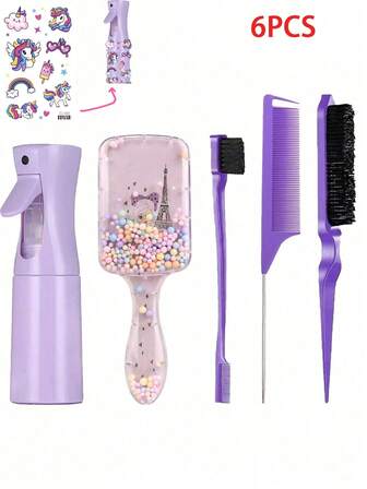 6-delars borstset och kontinuerlig sprayflaska (6,8 oz / 200 ml) tecknad design vattentät tillfällig tatuering, ultrafin sprayflaska och borste, råttsvanskam borstset för slätt hår, hårstyling, rengöring, salong, tillbaka till skolan, resetillbehör, håraccessoarer för kvinnor, borstar, hårborste, kantborste, hårborste, kam