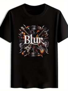 Camiseta Gráfica Negra para Hombre - Diseño de Banda de Rock Vintage con Guitarras Hierro; Elementos de acero. Camiseta casual de cuello redondo y manga corta para el verano. Viaje. Playa. Vacaciones. y Regalo. Ropa de viaje con detalles metálicos, estilo casual. Camiseta de rock - Negro - Ver 1