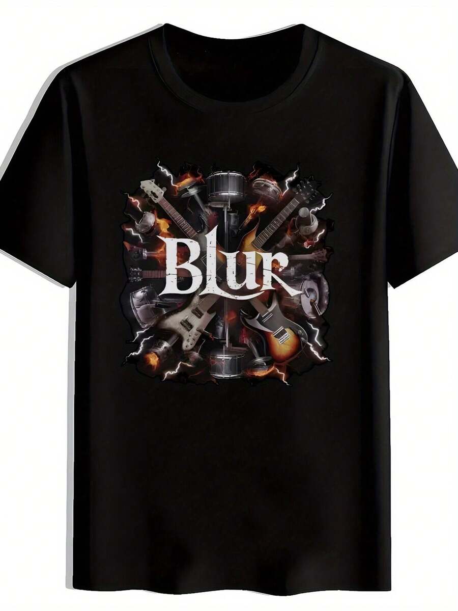 Camiseta Gráfica Negra para Hombre - Diseño de Banda de Rock Vintage con Guitarras Hierro; Elementos de acero. Camiseta casual de cuello redondo y manga corta para el verano. Viaje. Playa. Vacaciones. y Regalo. Ropa de viaje con detalles metálicos, estilo casual. Camiseta de rock - Negro - Ver 1