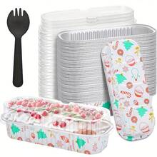 50/25 Packs Christmas Mini Cake Pans Mini Loaf Pans With Lids And Spoons, 6.8Oz Aluminum Foil Pans Tins, Individual Dessert Cups Containers For Party, Picnics - Rectangle - View 7